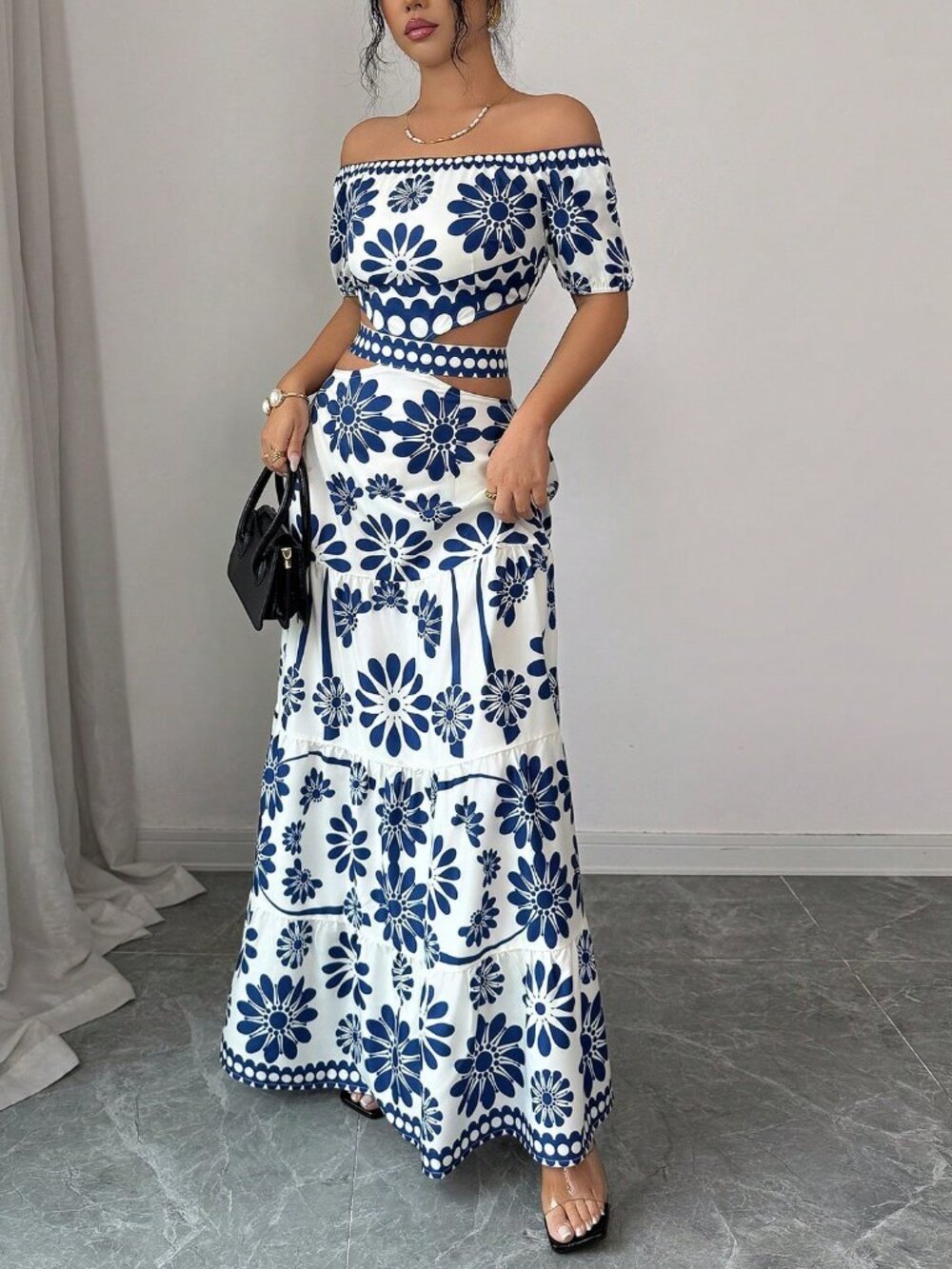 Blue Boho Women's Floral Print Off-Shoulder short Sleeve Hollow Waist Dress - Picture 6 of 7